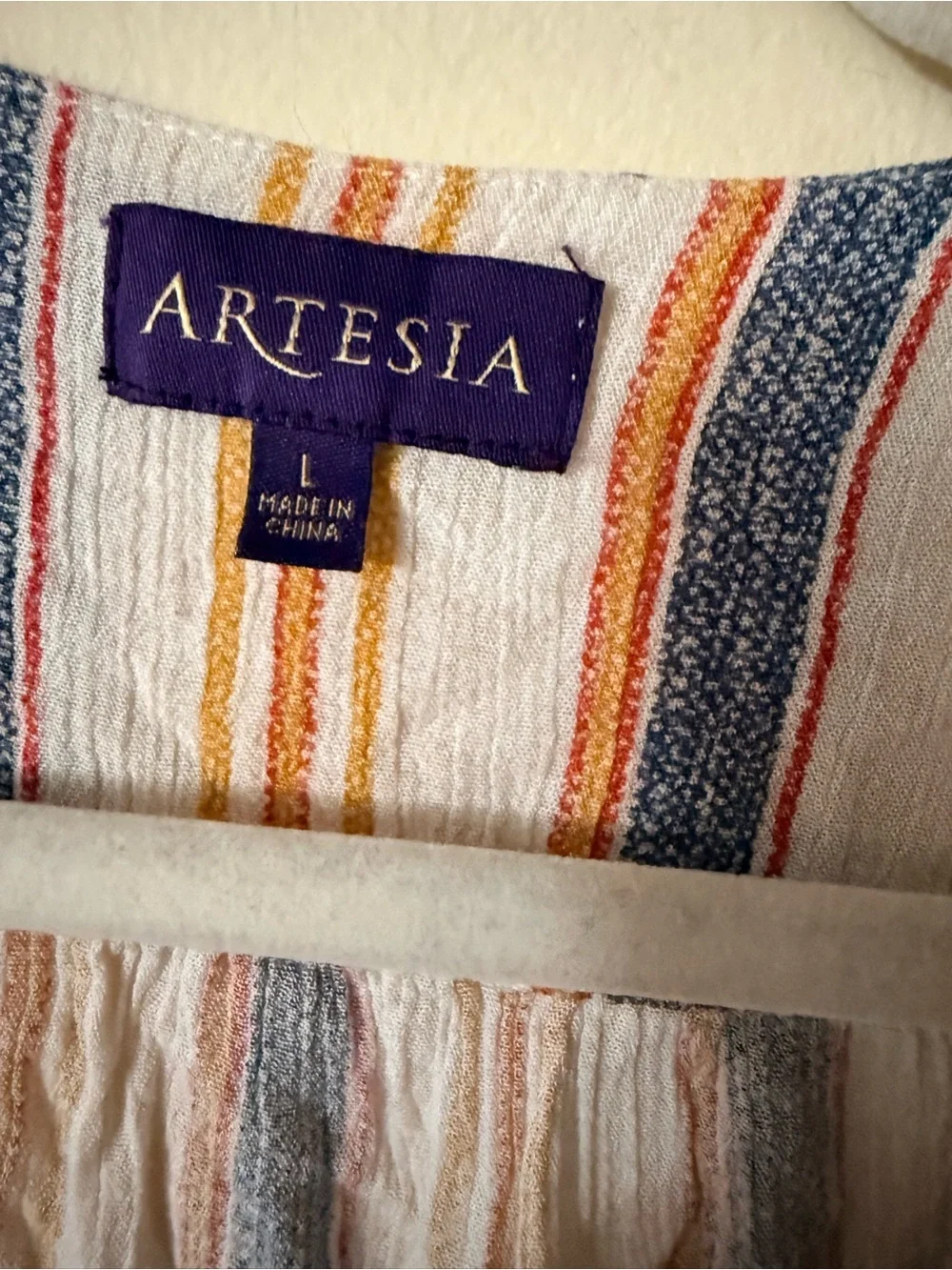 Artesia Striped Embroidered Peasant Blouse in Blue & Tan Stripes, size L